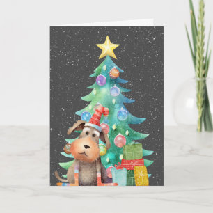 Tarjeta Festiva Perro y árbol navidades en copos de nieve