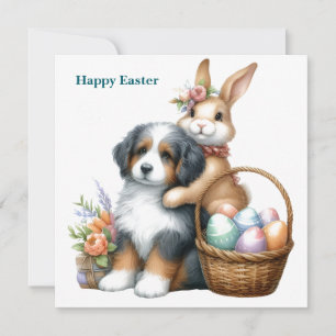 Tarjeta Festiva perro y conejo felices de pascua
