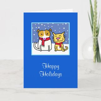 Tarjeta Festiva Perro y gato de vacaciones en la nieve