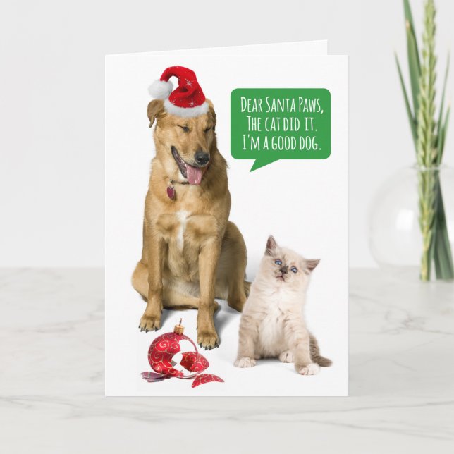 Tarjeta Festiva Perro Y Gato Graciosos Con Navidades De Ornamentos (Anverso)
