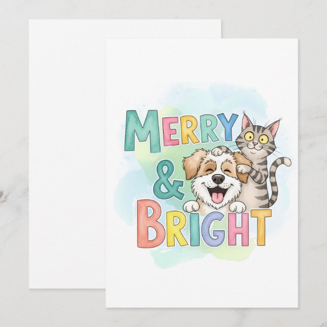 Tarjeta Festiva Perro y gato lindos, alegres y brillantes  (Anverso / Reverso)