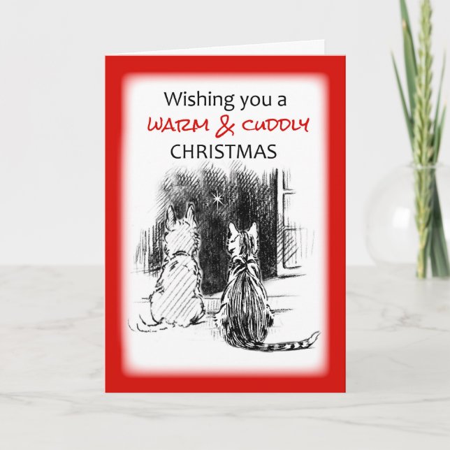 Tarjeta Festiva Perro y gato mirando por la ventana, Navidades (Anverso)