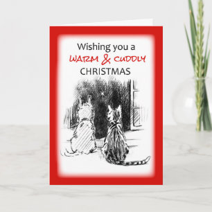 Tarjeta Festiva Perro y gato mirando por la ventana, Navidades