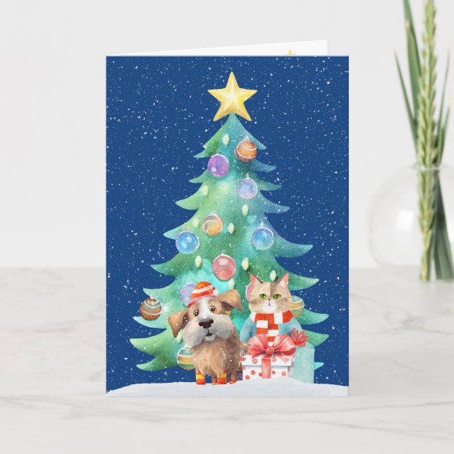 Tarjeta Festiva Perro Y Gato navidades En Copos De Nieve (Anverso)