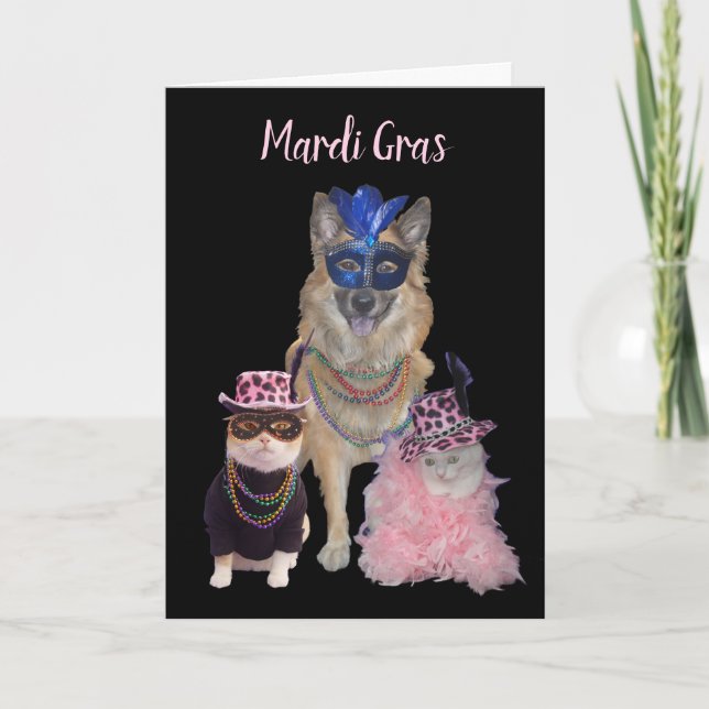 Tarjeta Festiva Perro y gatos del Mardi Gras (Anverso)