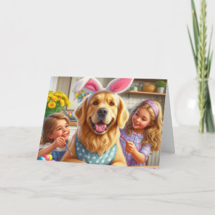 Tarjeta Festiva Perro y niños colorean huevos de Pascua