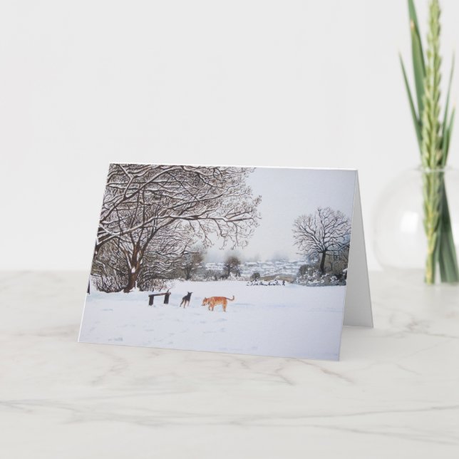 Tarjeta Festiva perros árboles cubiertos de nieve paisaje de invie (Anverso)