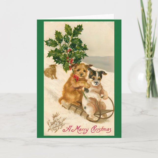 Tarjeta Festiva Perros de los Navidades retro victorianos (Anverso)
