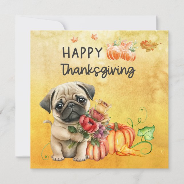 Tarjeta Festiva Perros de PUG Feliz Día de Acción de Gracias acuar (Anverso)