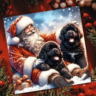 Tarjeta Festiva Perros de Terranova con fiesta de Santa Claus