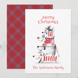 Tarjeta Festiva Perros Divertidos Festivos Navideños Plaid Rojo Na