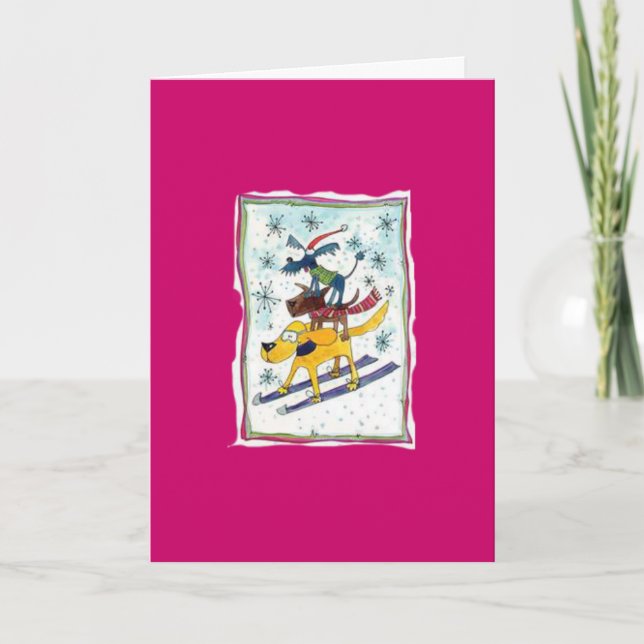 Tarjeta Festiva Perros esquiando (Anverso)
