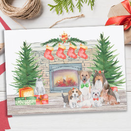 Tarjeta Festiva Perros Gatos Cachorros Gatitos Chimenea Navidades 