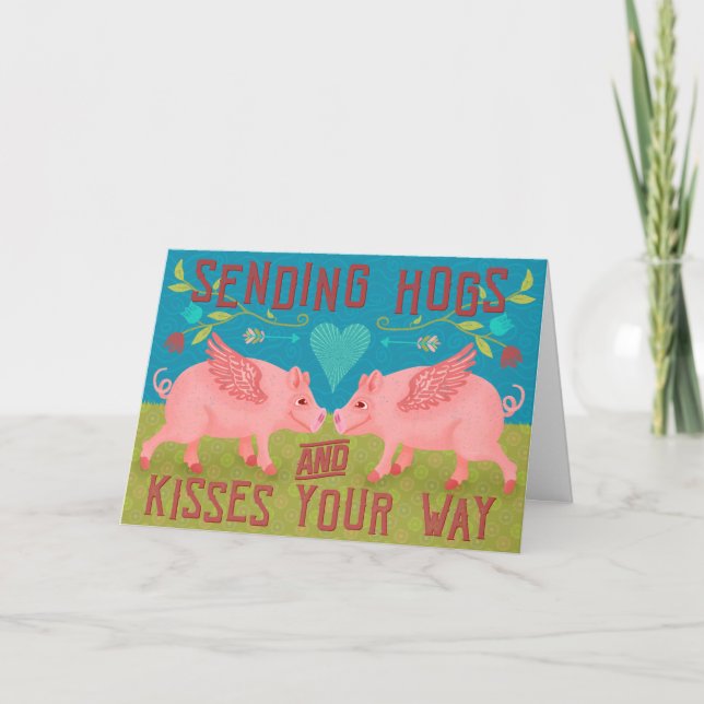Tarjeta Festiva Perros graciosos y adornos de cerdos para besar te (Anverso)