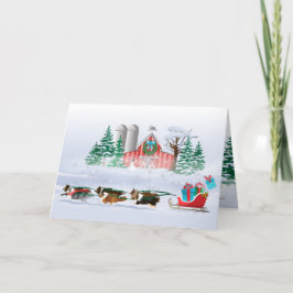 Tarjeta Festiva Perros marrones, negros y grises, saltando a Sleig