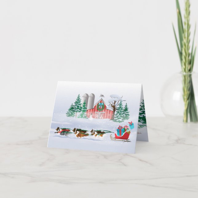 Tarjeta Festiva Perros Sheltie sacando el Sleigh Rojo (Anverso)