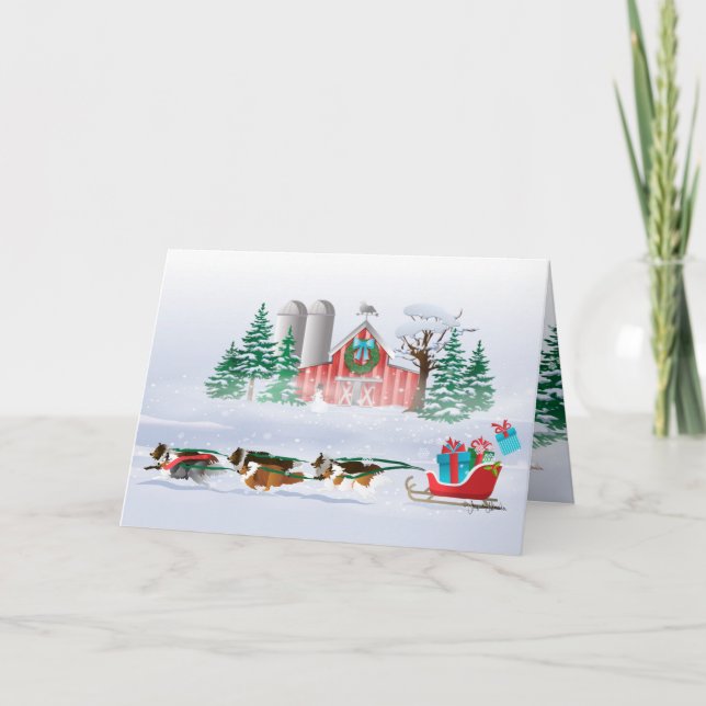 Tarjeta Festiva Perros Sheltie sacando el Sleigh Rojo (Anverso)
