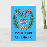 Tarjeta Festiva Persa Magen David Menorah<br><div class="desc">Esta imagen fue adaptada de una teja judía persa antigua y ofrece un menorah con un Magen David (estrella de David) enmarcado por las ramas de olivo.  Las imperfecciones de la imagen original,  pintada a mano se han preservado.</div>