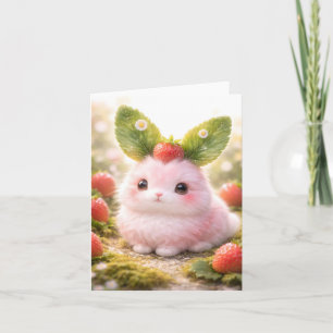 Tarjeta Festiva Personaje de conejo rosa adorable con fresa 