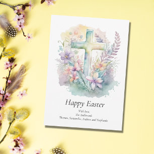 Tarjeta Festiva Personaliza Cruz Floral Pastel Religiosa Pascua 