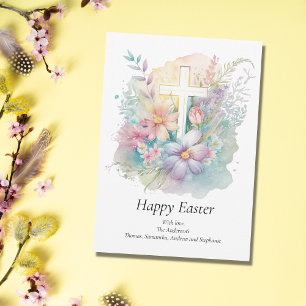 Tarjeta Festiva Personaliza Cruz Floral Pastel Religiosa Pascua