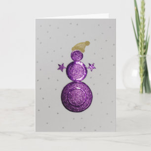 Tarjeta Festiva Personaliza el muñeco de nieve morado y las estrel
