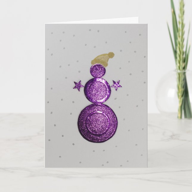 Tarjeta Festiva Personaliza el muñeco de nieve morado y las estrel (Anverso)