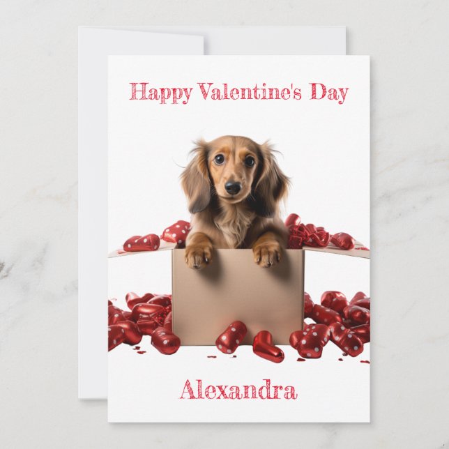 Tarjeta Festiva Personaliza Long Hair Dachshund Pup Valentine (Anverso)