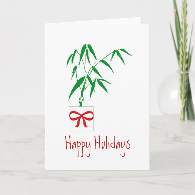 Tarjeta Festiva Personalizable Bambú y Bow Rojo (Anverso)