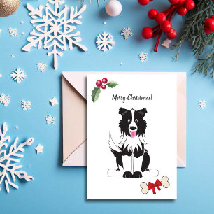 Tarjeta Festiva Personalizable de perro collie de borde blanco neg