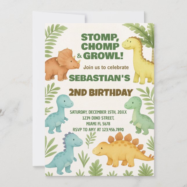 Tarjeta Festiva Personalizable Dino Fiesta Invite (Anverso)