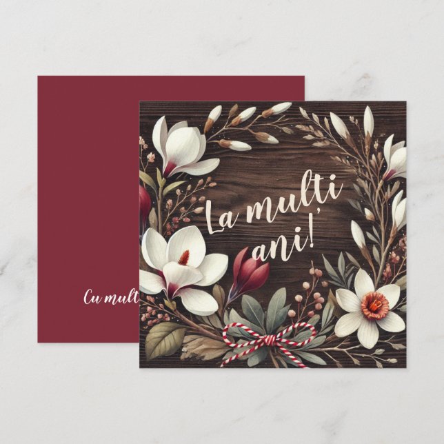 Tarjeta Festiva Personalizable Rústico "La Mulți Ani" Floral (Anverso / Reverso)