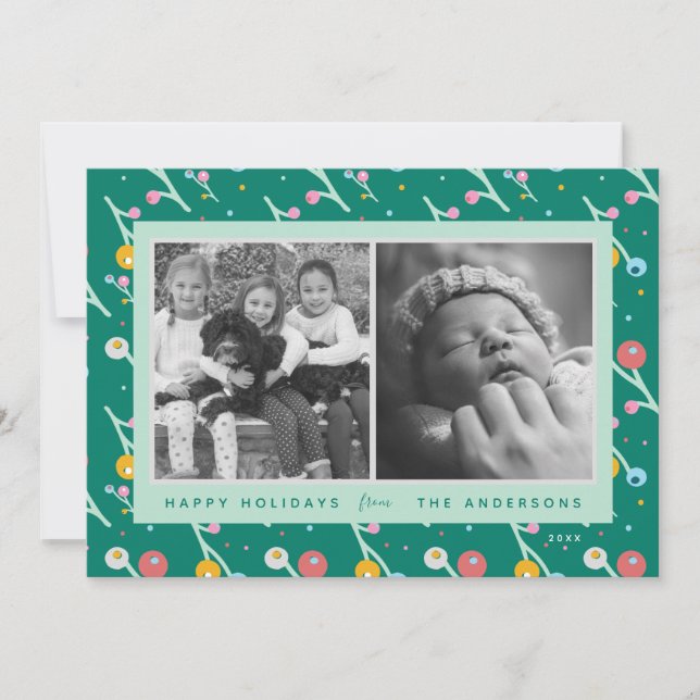 Tarjeta Festiva Personalizado 2-Photo Happy Holidays Modern Berrie (Anverso)
