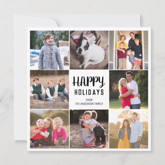 Tarjeta Festiva Personalizado 8 Foto Felices Fiestas Verdes Gingha (Anverso)
