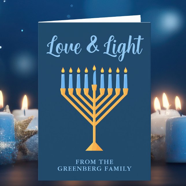 Tarjeta Festiva Personalizado Amor y Luz Oro Azul Hanukkah Menorah (Subido por el creador)