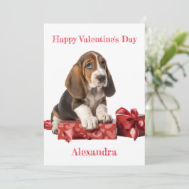 Tarjeta Festiva Personalizado Basset Hound Bow Regalo Box Valentin