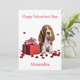 Tarjeta Festiva Personalizado Basset Hound Red Gift Box Valentine