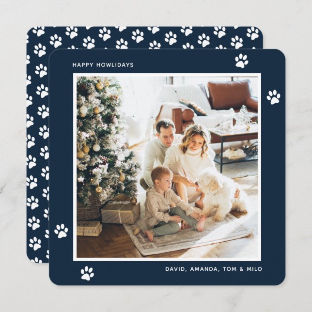 Tarjeta Festiva Personalizado Blue Paw Photo Happy Howlidays (Anverso / Reverso)