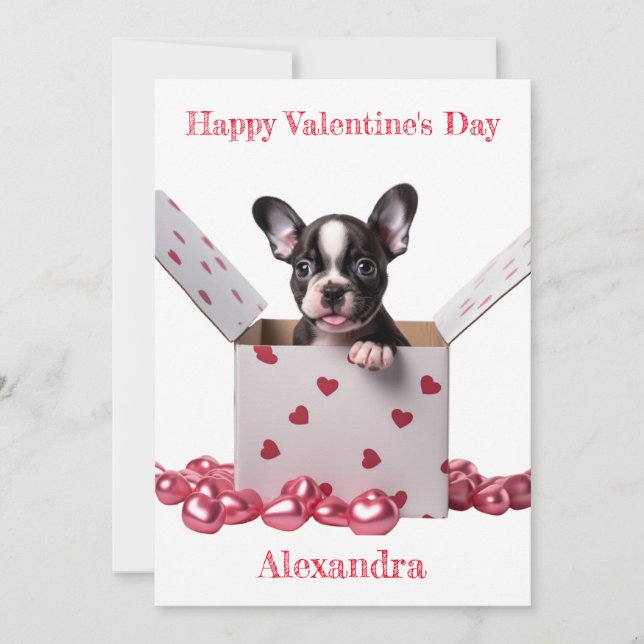Tarjeta Festiva Personalizado Boston Terrier Box Corazones rosados (Anverso)