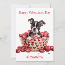 Tarjeta Festiva Personalizado Boston Terrier Cesta de Cachorros Va