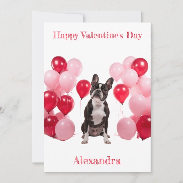 Tarjeta Festiva Personalizado Boston Terrier Globos Rojos Rosados  (Anverso)