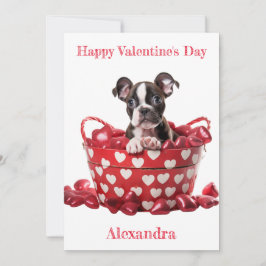 Tarjeta Festiva Personalizado Boston Terrier Pup Heart Basket Vale