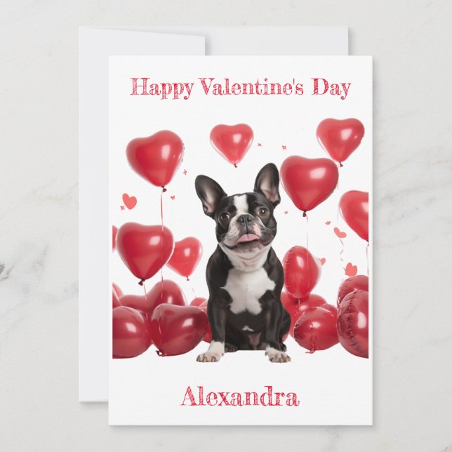 Tarjeta Festiva Personalizado Boston Terrier Red Hearts Balloon Va (Anverso)