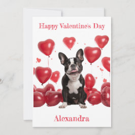 Tarjeta Festiva Personalizado Boston Terrier Red Hearts Balloon Va