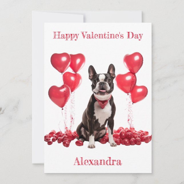 Tarjeta Festiva Personalizado Boston Terrier Red Hearts Collar Val (Anverso)