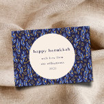 Tarjeta Festiva Personalizado botánico moderno Boho Blue Hanukkah<br><div class="desc">Esta tarjeta de vacaciones plegada en blanco de hanukkah presenta un diseño botánico boho moderno en azul marino y amarillo y tiene un saludo personalizado editable.</div>
