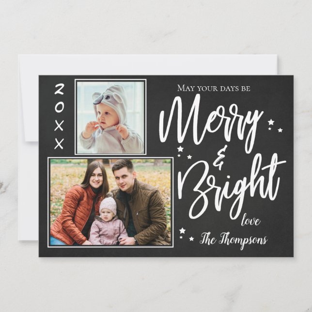 Tarjeta Festiva Personalizado Chalkboard MERRY y BRIGHT Multi Phot (Anverso)