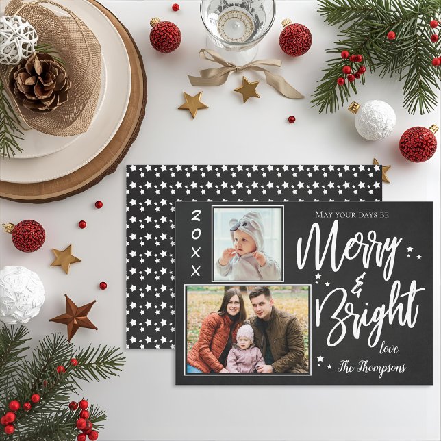 Tarjeta Festiva Personalizado Chalkboard MERRY y BRIGHT Multi Phot (Chalkboard Merry & Bright Multi-Photo Christmas Holiday Card)