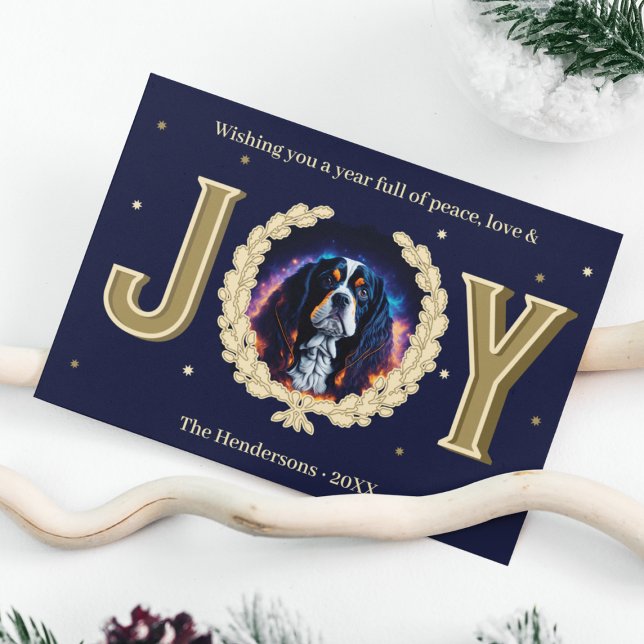 Tarjeta Festiva Personalizado Charles Spaniel Navidades de Alegría (Custom Charles Spaniel Dog Navy Gold Joy Christmas Holiday Card
)
