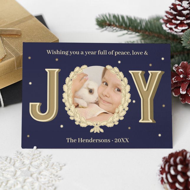 Tarjeta Festiva Personalizado Conejo Foto Oro Azul Joy Navidades C (Custom Rabbit Photo Blue Gold Joy Bunny Christmas Holiday Card
)